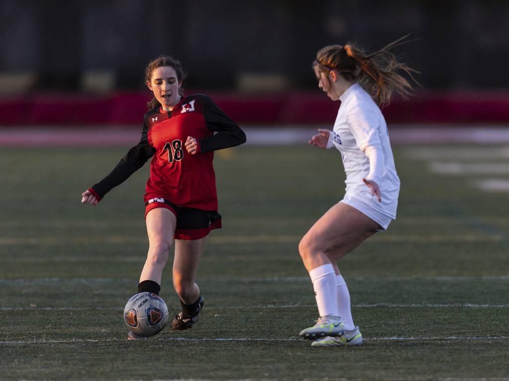 Marist’s Hanna McNeela (18) brings the ball the field against Sandburg during a nonconference game in Chicago on Monday, March 27, 2023.