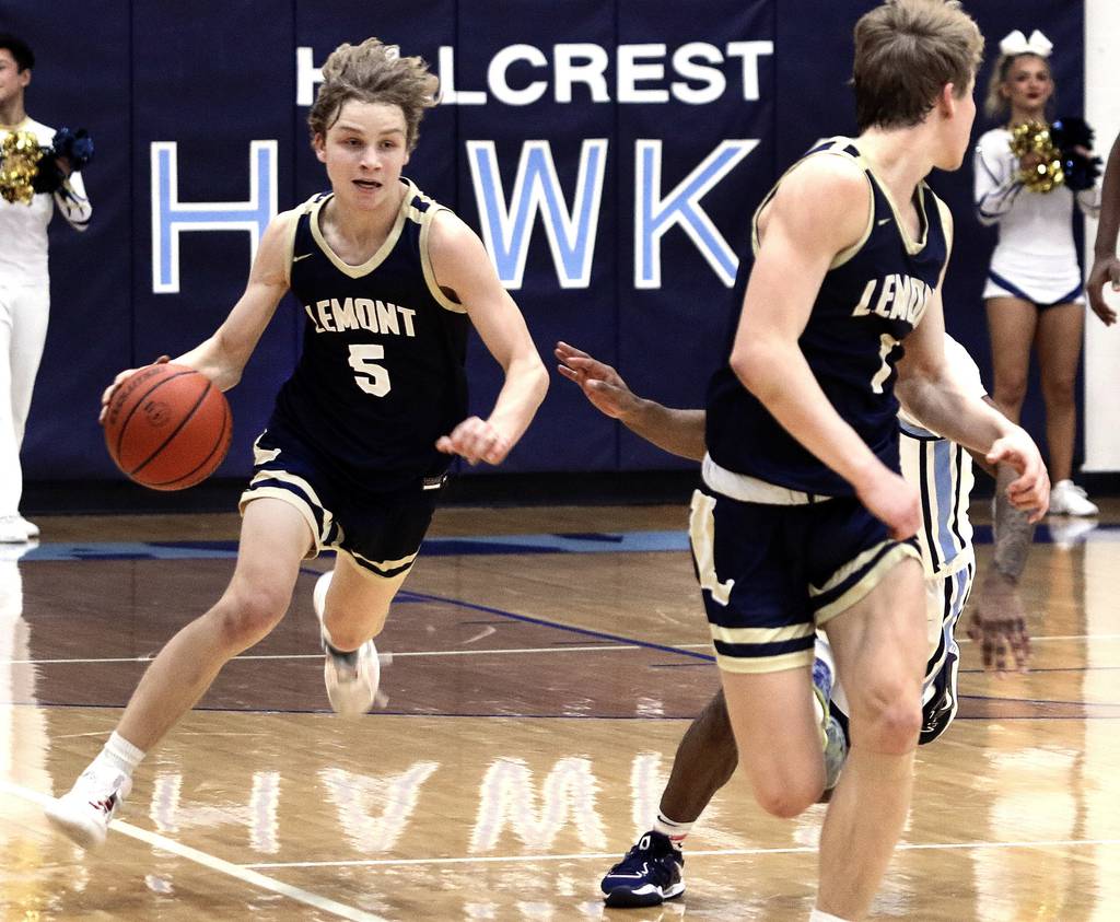 Lemont's Rokas Castillo (5) drives up the court against Hillcrest during the Class 3A Hillcrest Sectional championship game in Country Club Hills on Friday, March 3, 2023.