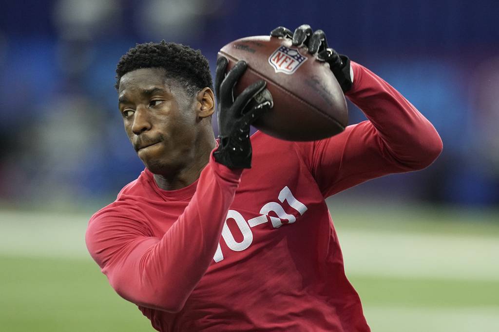 Southern California wide receiver Jordan Addison runs a drill at the NFL combine on March 4, 2023.