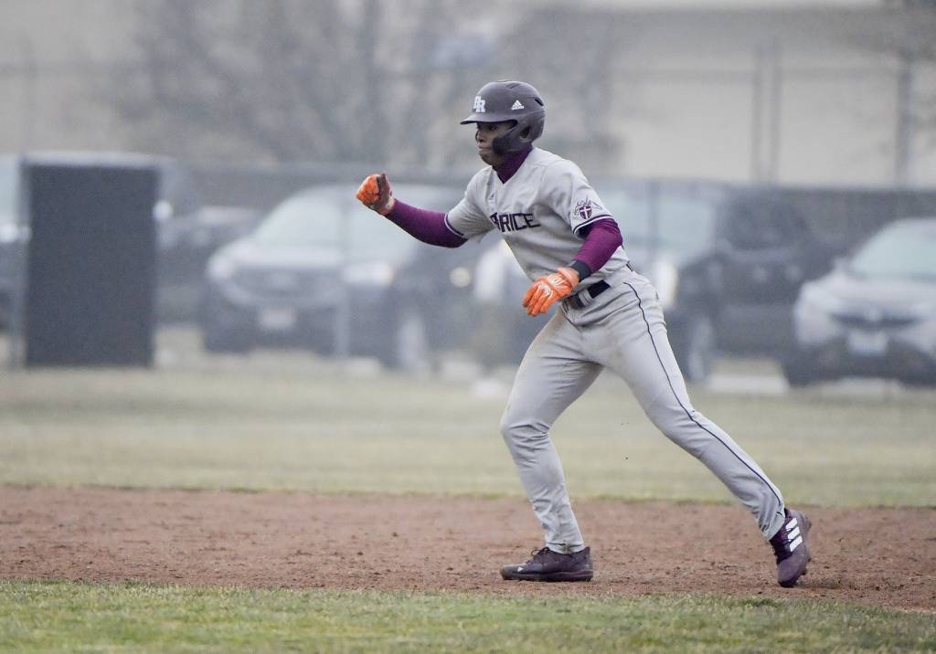 Brother Rice's Bryce Nevils (19) takes a lead off second base during a nonconference game in Joliet on Wednesday, March 22, 2023.
