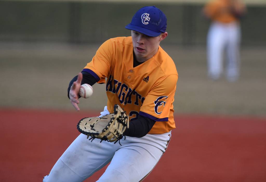 Chicago Christian first baseman Josh Sedakis (20) collects the ball and makes an out against Bremen during a nonconference game in Palos Heights on Monday, March 20, 2023.