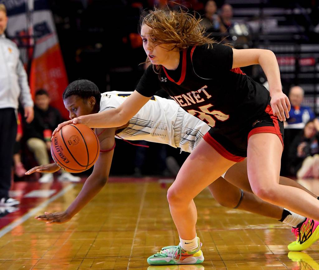 Benet’s Emilia Sularski, front, maintains control of the ball after O’Fallon’s Jailah Pelly tried to steal it during the Class 4A state championship game at Illinois State’s CEFCU Arena in Normal on Saturday, March 4, 2023. 