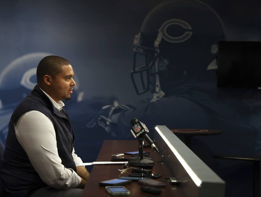 Bears general manager Ryan Poles speaks with the media at Halas Hall on March 16, 2023.