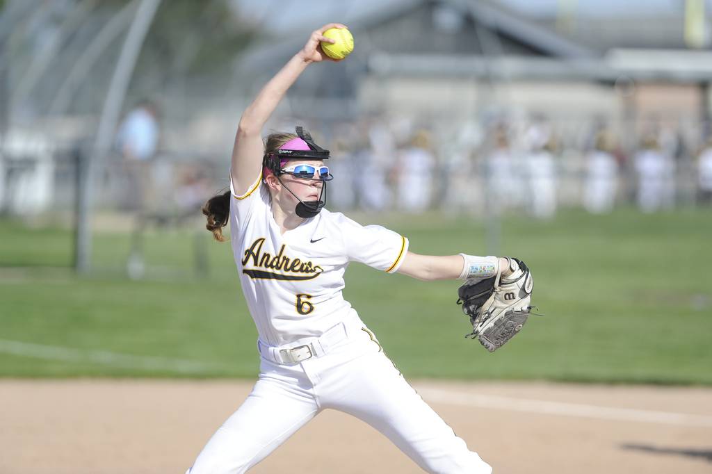 Andrew's Kathleen Hester (6) delivers a pitch against Lincoln-Way Central during a SouthWest Suburban Conference crossover in Tinley Park on Thursday, May 12, 2022.
