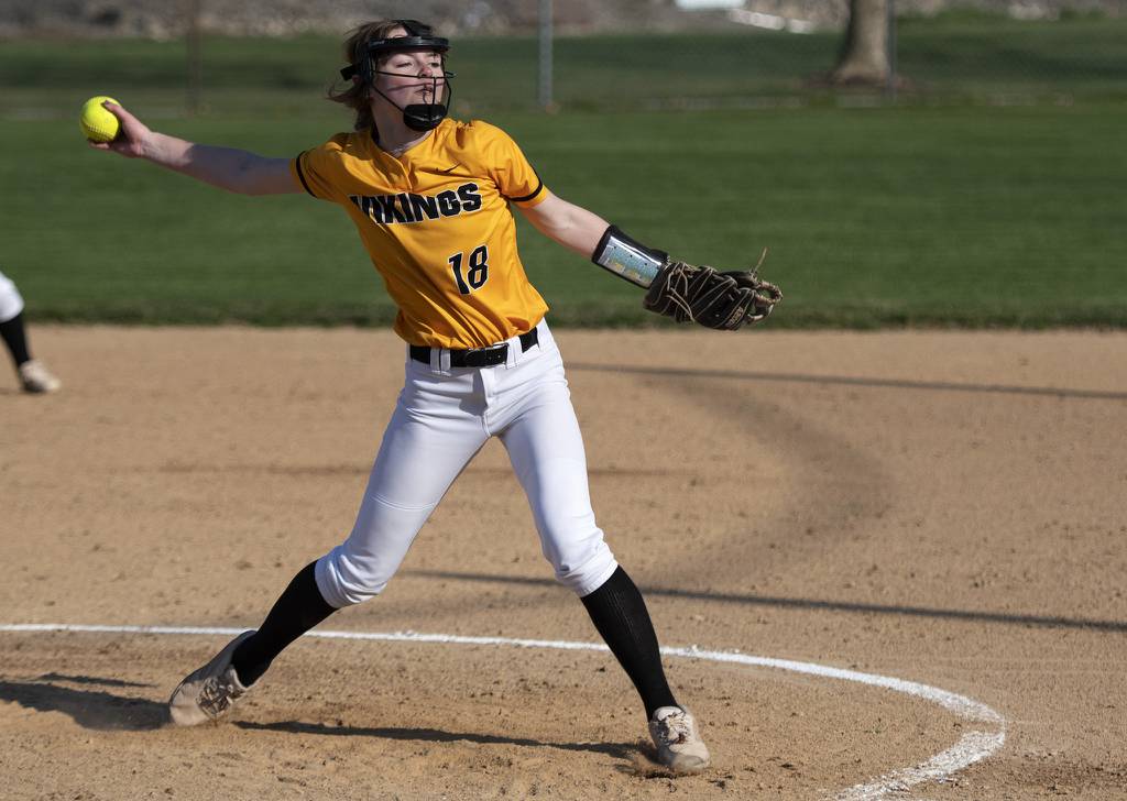 St. Laurence's Sarah Klonowski pitches against Providence during a nonconference game in New Lenox on Monday, April 10, 2023.