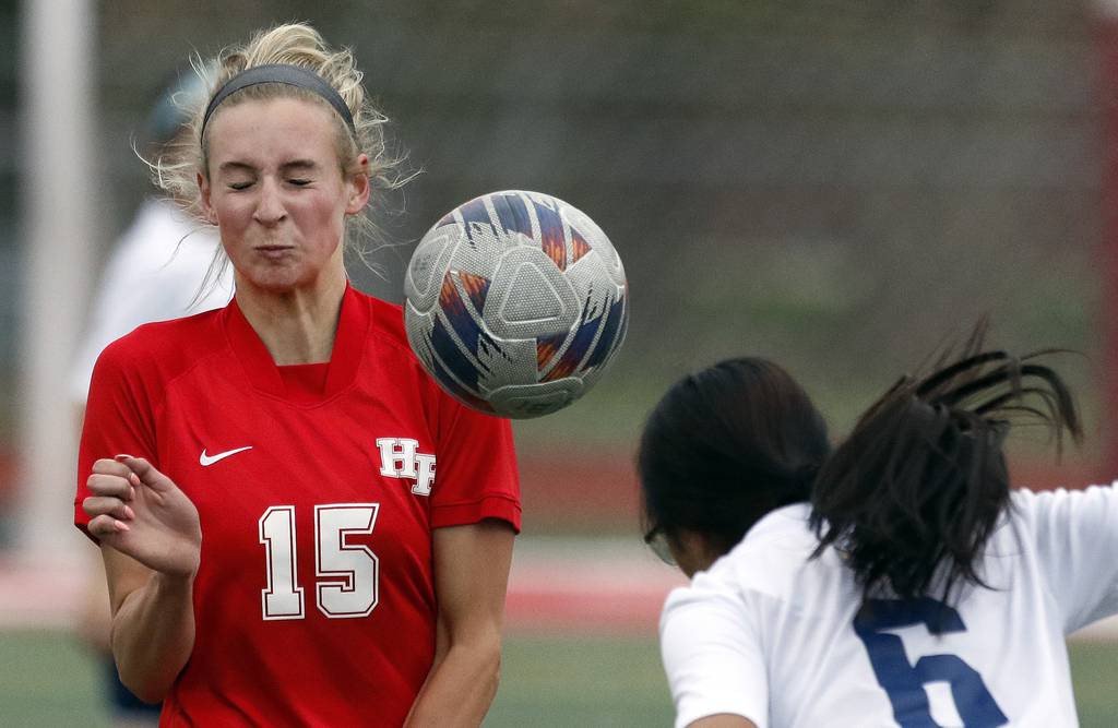 Homewood Flossmoor's Sam Gordon (15) reacts as a ball gets headed by Thornwood's Lesly Arreola (6) during a nonconference game in Flossmoor on Thursday, April 20, 2023.