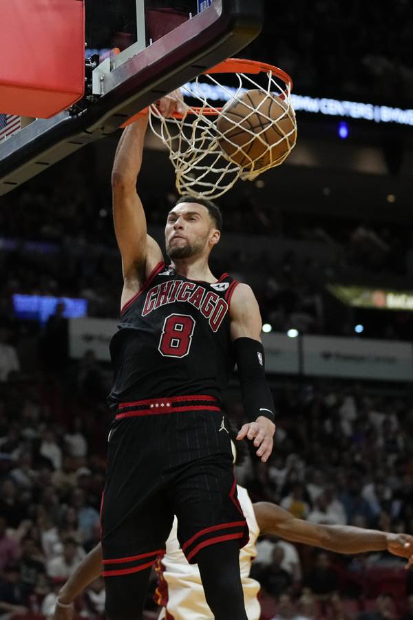 Bulls guard Zach LaVine dunks against the Heat during the second half of a play-in game Friday in Miami. 