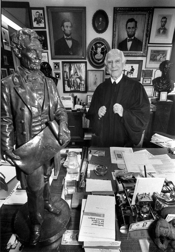 Judge Abraham Lincoln Marovitz is shown with his extensive Lincoln memorabilia Oct. 3, 1986, at his office.