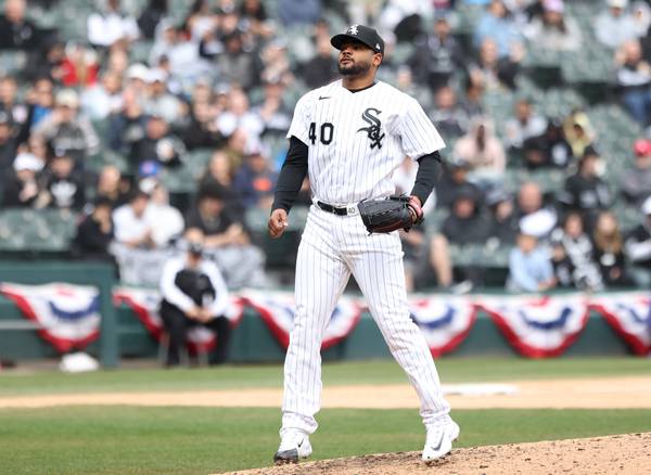 White Sox reliever Reynaldo Lopez celebrates after striking out Giants designated hitter Joc Pederson with the bases loaded in the seventh inning on April 5, 2023, at Guaranteed Rate Field.