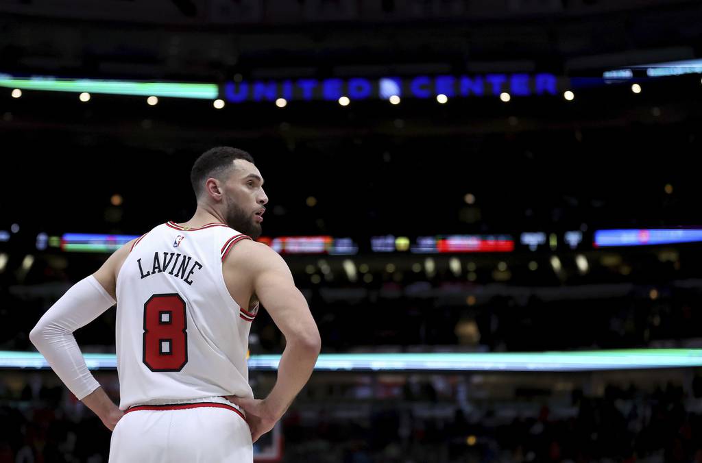 Bulls guard Zach LaVine stands on the court in the second half of a game against the Trail Blazers at the United Center on Feb. 4, 2023.