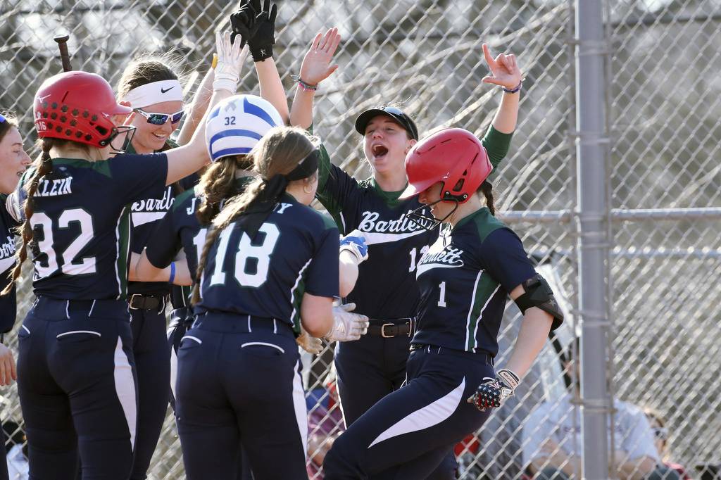 Bartlett's Olivia Ligouri (1) celebrates after hitting a home run against South Elgin during an Upstate Eight Conference game on Monday, April 10, 2023.