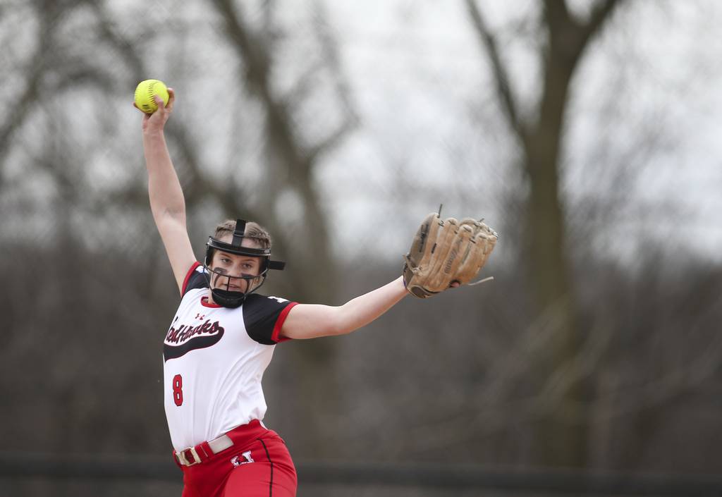 Marist's Gianna Hillegonds (8) throws a pitch during the fourth inning against Lincoln-Way Central during a nonconference game in New Lenox on Monday, April 3, 2023.