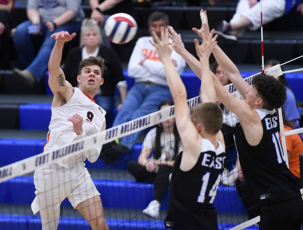 Lincoln-Way West's Connor Studer (9) hits past the block against Lincoln-Way East during a SouthWest Suburban Conference crossover in Frankfort on Thursday, April 20, 2023.