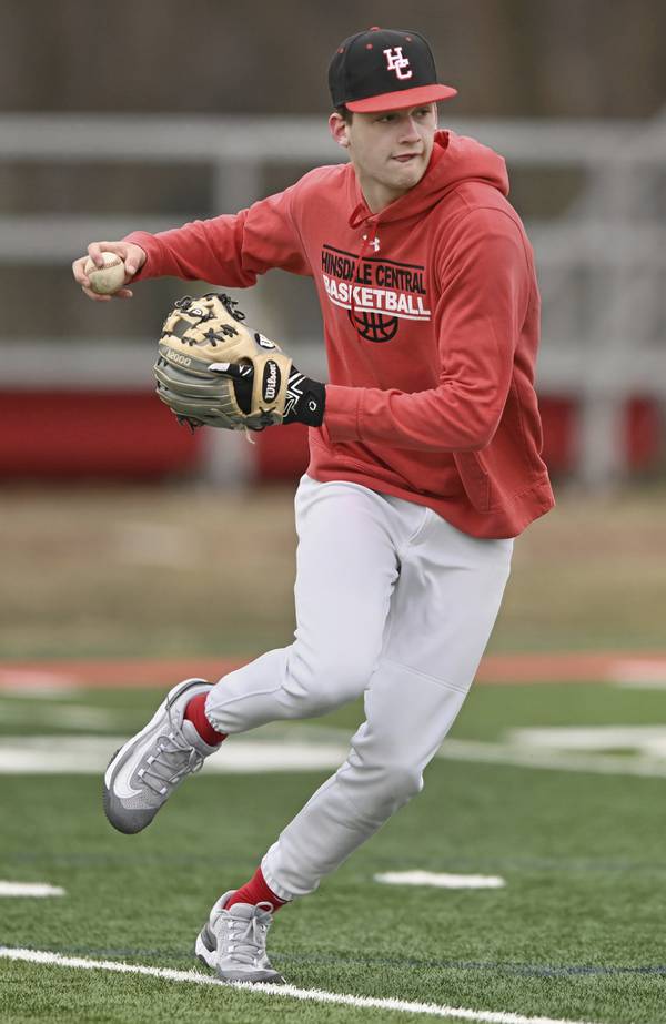 Hinsdale Central’s Ben Oosterbaan makes a throw during a practice on campus in Hinsdale on Thursday, March 30, 2023.