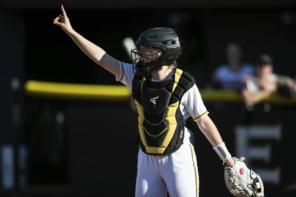 Andrew's Madison Vrastil lets the infield know there's one out against Stagg during a SouthWest Suburban Conference crossover in Tinley Park on Thursday, April 21, 2022.