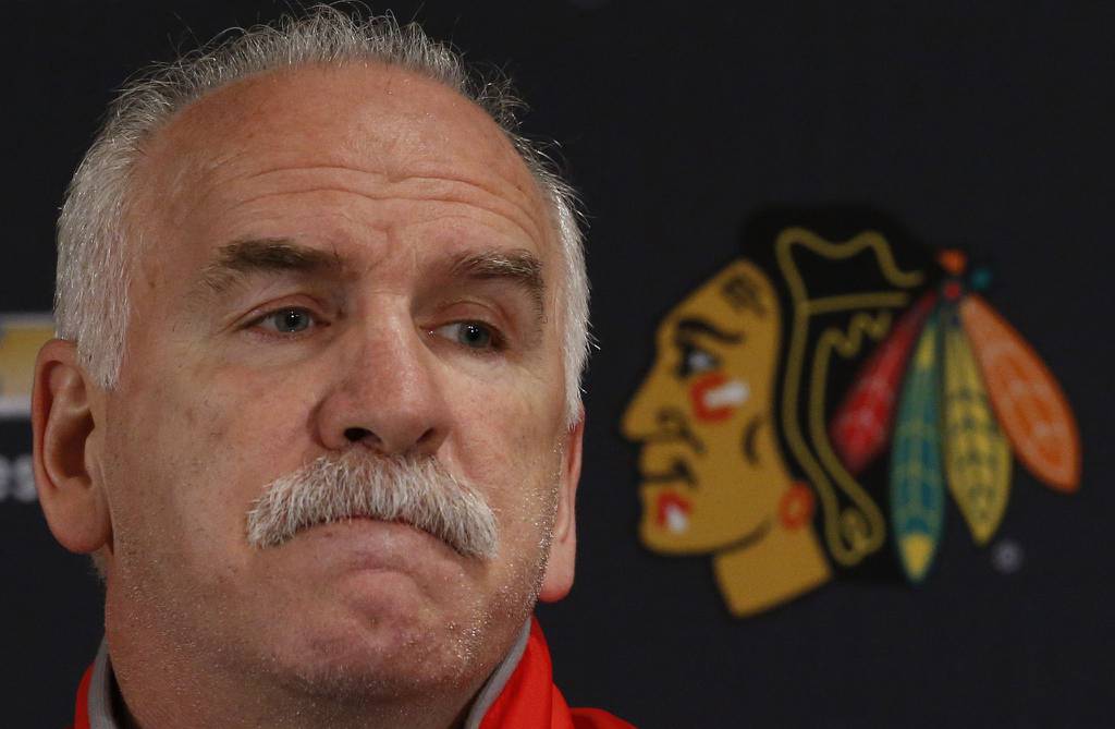 Blackhawks coach Joel Quenneville listens to questions during the team's end-of-season media availability on April 22, 2017, at the United Center.