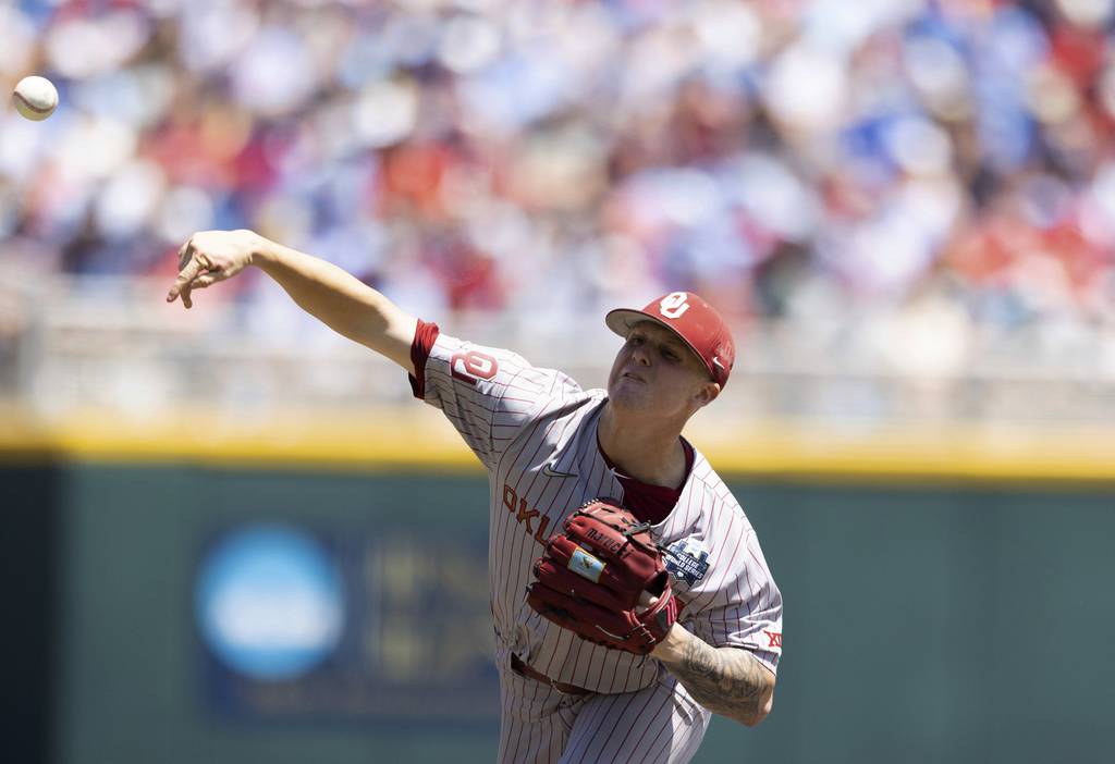 Oklahoma starting pitcher Cade Horton delivers against Mississippi the College Baseball World Series on June 26, 2022, in Omaha, Neb. 