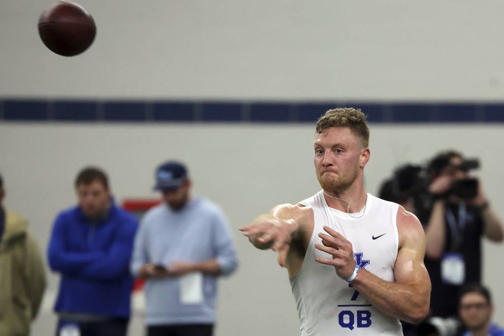 Will Levis throws a pass during Kentucky's pro day on March 24, 2023.