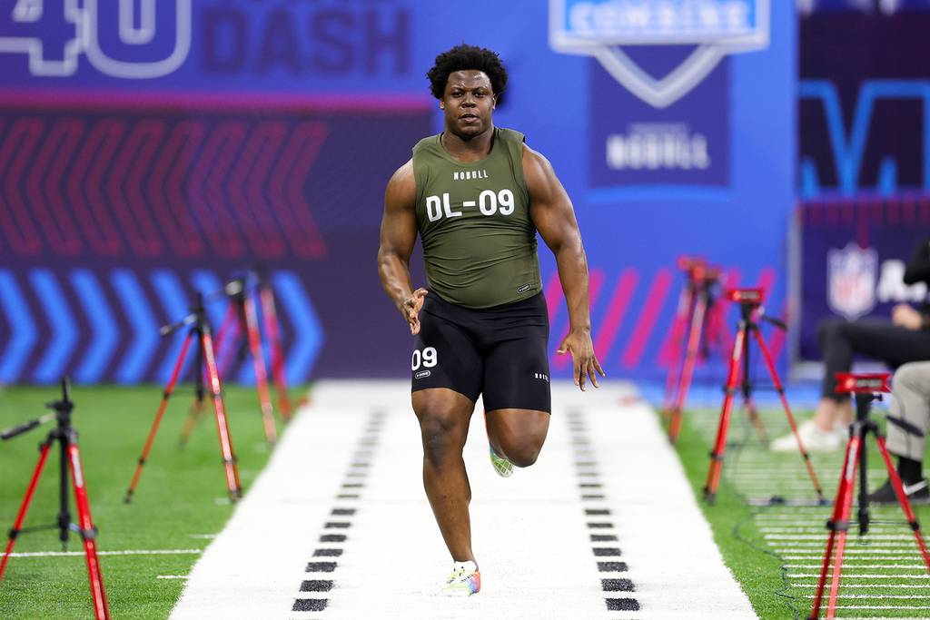 Defensive lineman Calijah Kancey participates in the 40- yard dash during the NFL combine at Lucas Oil Stadium on March 2, 2023.