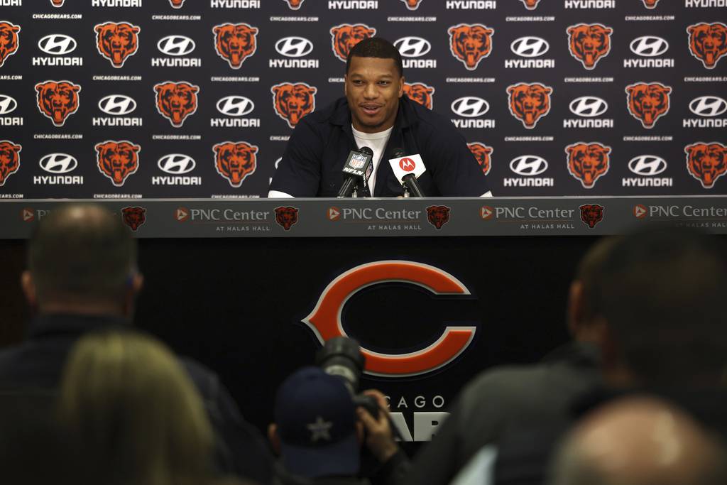 New Bears wide receiver DJ Moore speaks with the media at Halas Hall on March 16 in Lake Forest.