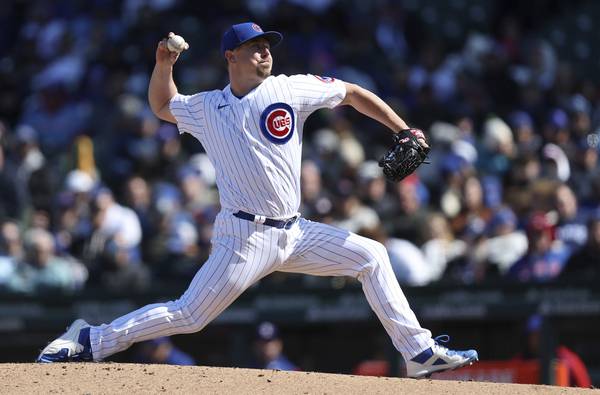 Cubs relief pitcher Mark Leiter Jr. delivers to the Rangers in the seventh inning at Wrigley Field on April 7, 2023.