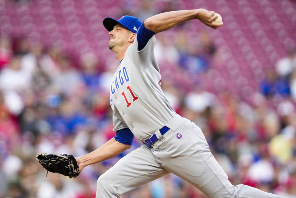 Cubs starter Drew Smyly pitches against the Reds in the first inning Monday, April 3, 2023, in Cincinnati.