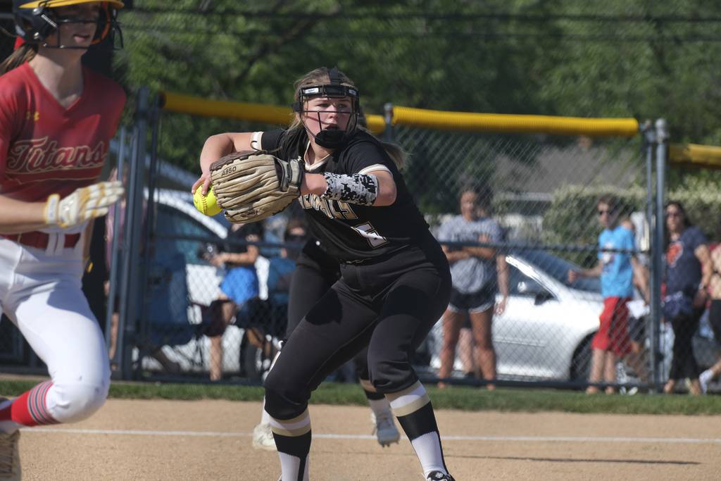 Oak Forest's Hailey Wesner makes a throw to first for the out against Tinley Park in a Class 3A regional championship game on Thursday, June 3, 2021.