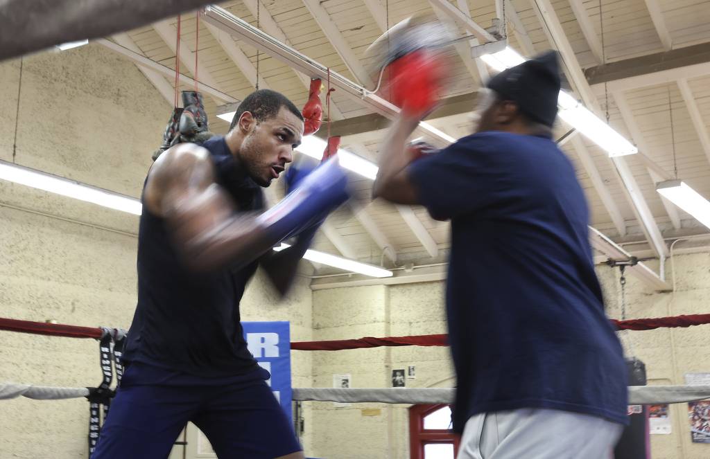 Super heavyweight Eric Ross trains with his coach Rodney Wilson at Trumbull Park in Chicago’s South Deering neighborhood on April 5, 2023.  