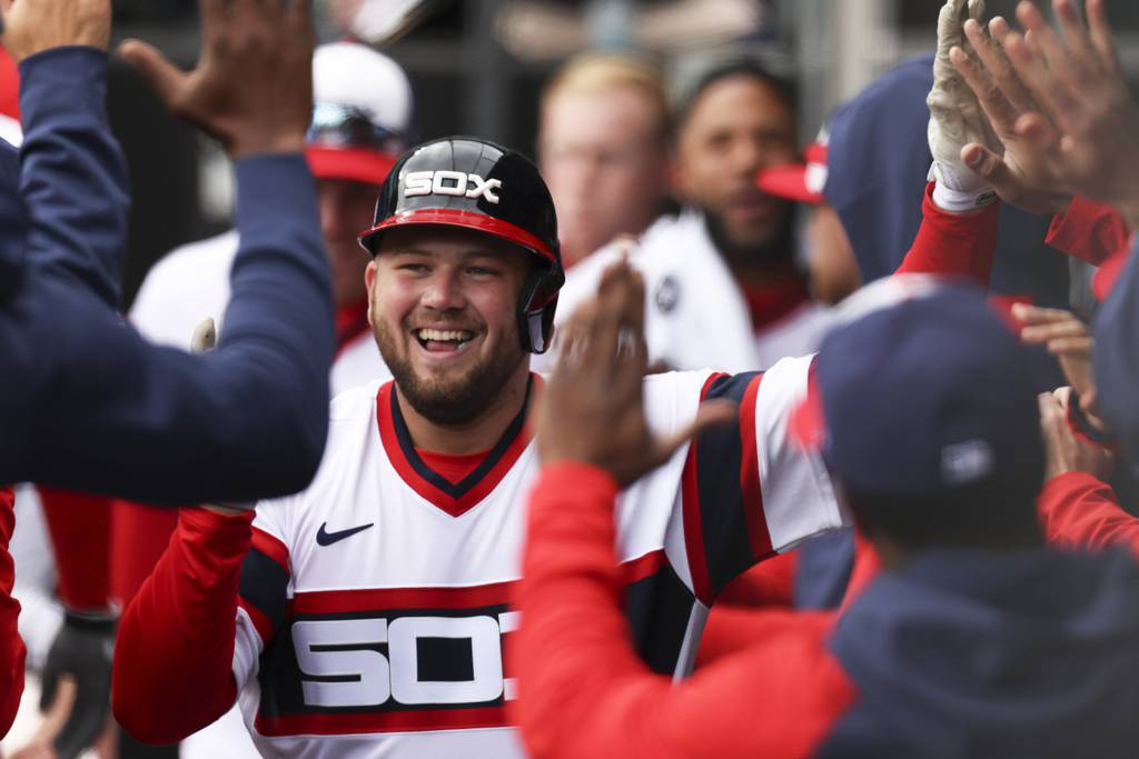 White Sox third baseman Jake Burger celebrates his home run with teammates in the first inning against the Orioles on Sunday, April 16, 2023, at Guaranteed Rate Field.