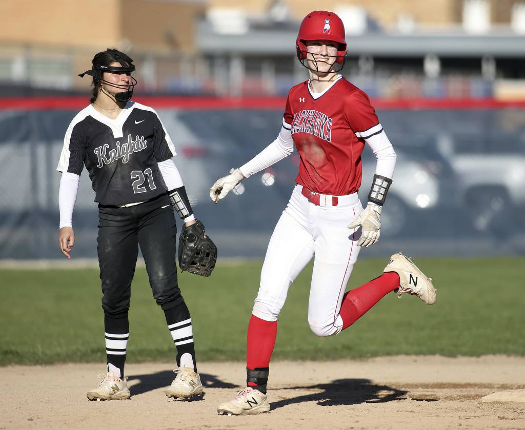 West Aurora's Sara Tarr (3) rounds second base after hitting a home run against Kaneland during a nonconference game in Aurora on Thursday, April 6, 2023.