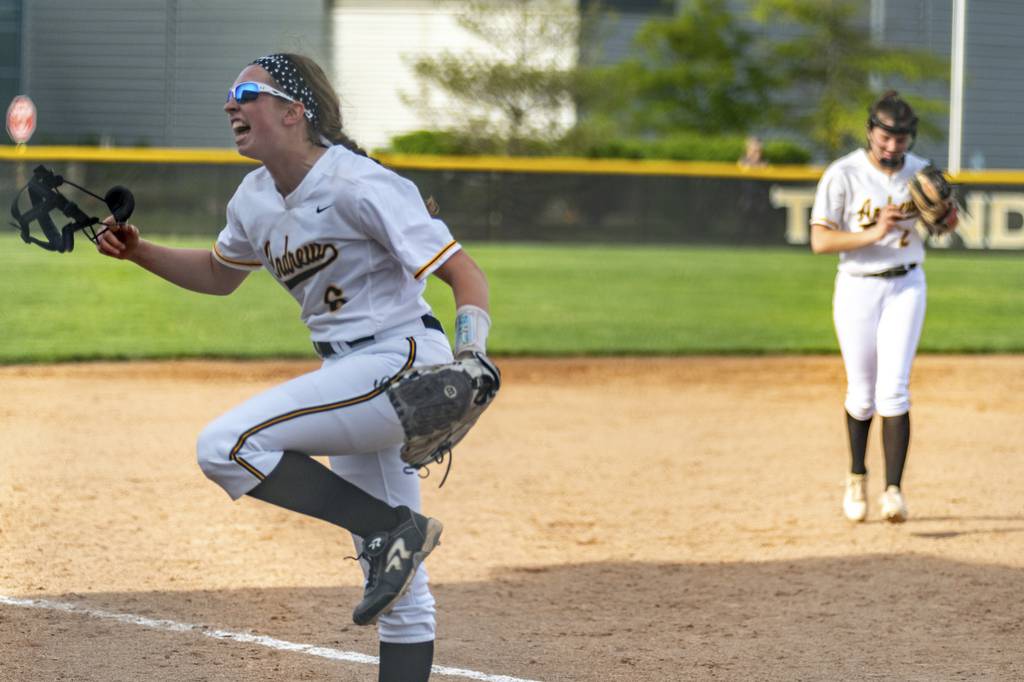 Andrew’s Kathleen Hester celebrates a big moment against Lincoln-Way West during a SouthWest Suburban Red game on Thursday, May 19, 2022.