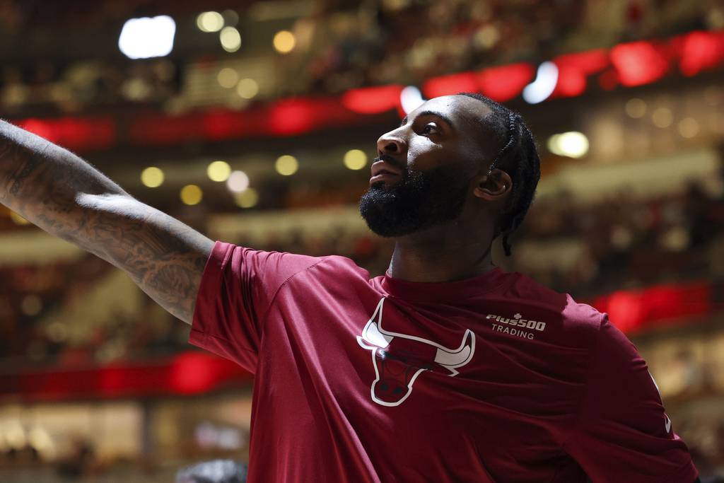 Bulls center Andre Drummond warms up before a game against the Pistons at the United Center on April 9, 2023.