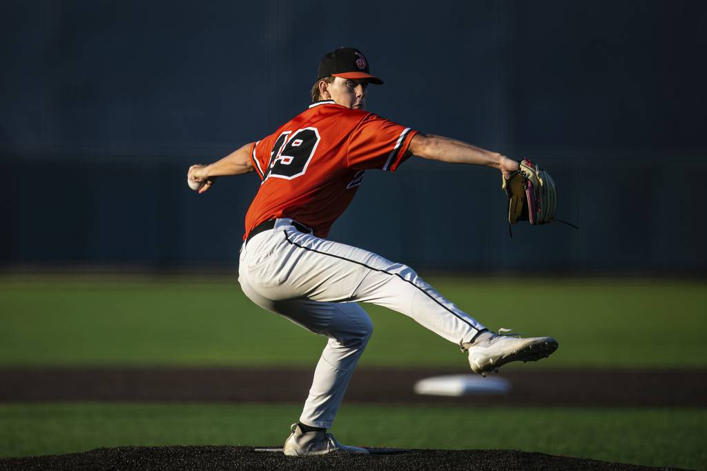 Lincoln-Way West's Colton Kachinsky pitches against Lane Tech during the Phil Lawler Summer Classic championship game at Curtis Granderson Stadium in Chicago on Wednesday, June 29, 2022.
