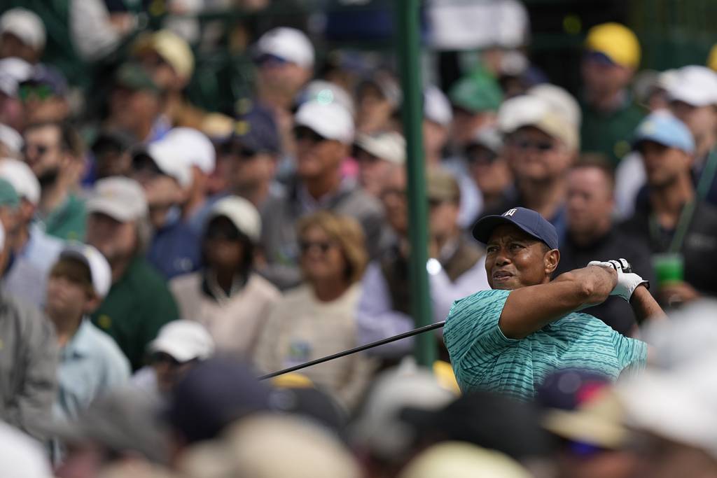 Tiger Woods tees off on the eighth hole during the second round of the Masters on April 8, 2022, in Augusta, Ga. 