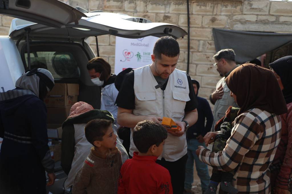 As part of the mission of MedGlobal doctors to northern Syria and Turkey, Dr. Thaer Ahmad was providing medical advice, accompanied by other doctors, from the mobile clinic supported in the Kelly Shelter Center, which includes hundreds of families of survivors of the earthquake north of Idlib and Syria on Feb. 27, 2023.