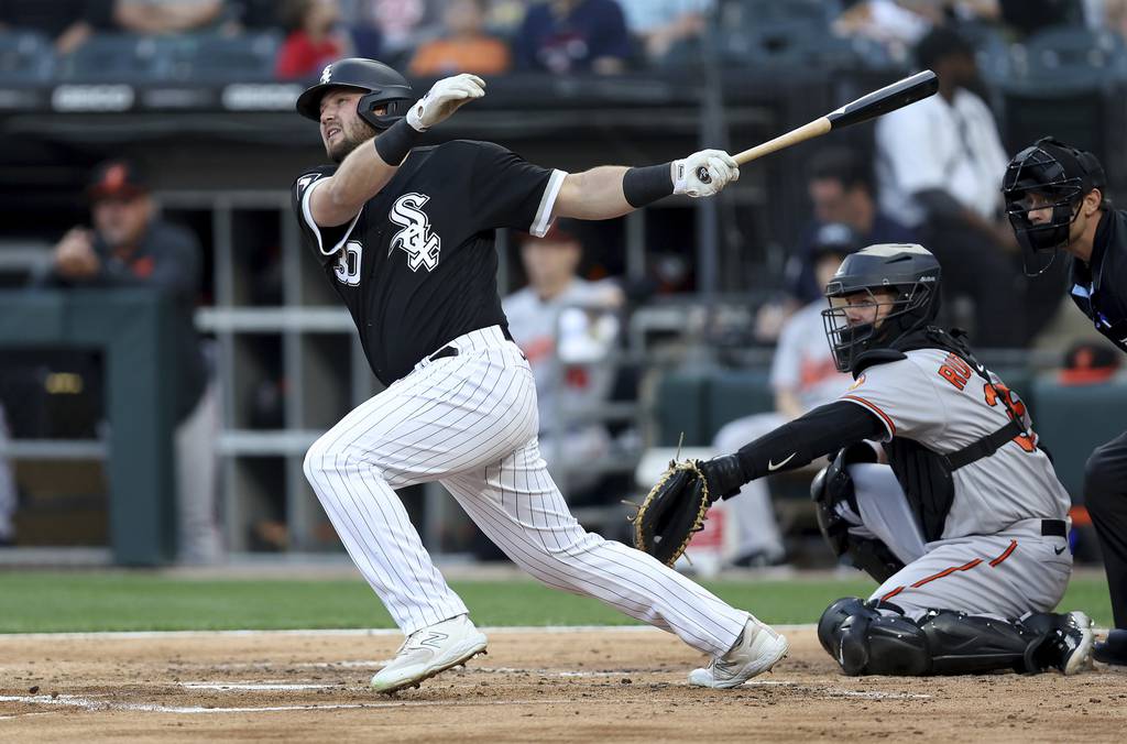 White Sox third baseman Jake Burger follows through on his solo home run in the second inning against the Orioles on Friday at Guaranteed Rate Field. 