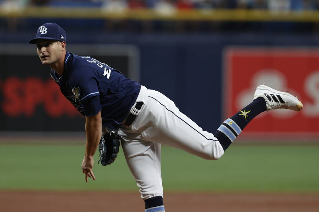 Rays starting pitcher Shane McClanahan delivers against the Red Sox on April 11 in St. Petersburg, Fla. 