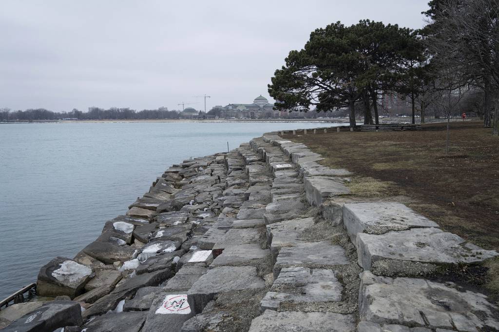 Limestone rocks on the southern edge of Promontory Point, on Feb. 8, 2023. 
