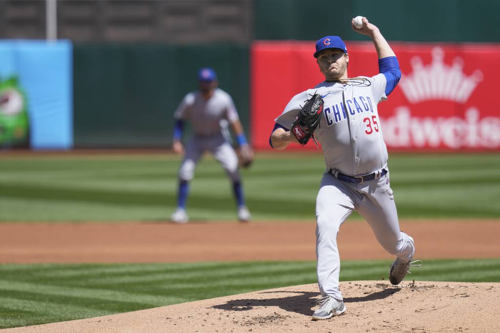 Cubs pitcher Justin Steele throws against the Athletics during the first inning Wednesday, April 19, 2023, in Oakland, Calif.