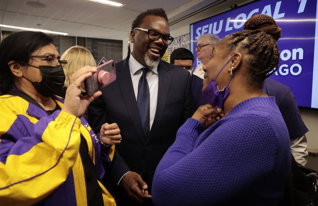 Mayoral candidate Cook County Commissioner Brandon Johnson accepts the endorsement from Service Employees International Union Local 1 on March 8, 2023.