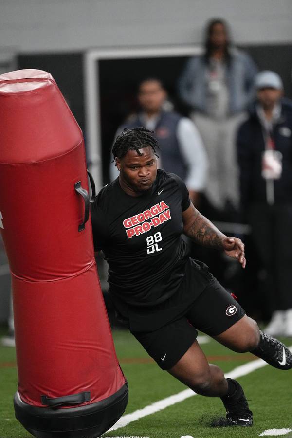 Former Georgia defensive lineman Jalen Carter runs drills during Georgia's pro day on March 15, 2023, in Athens, Ga.