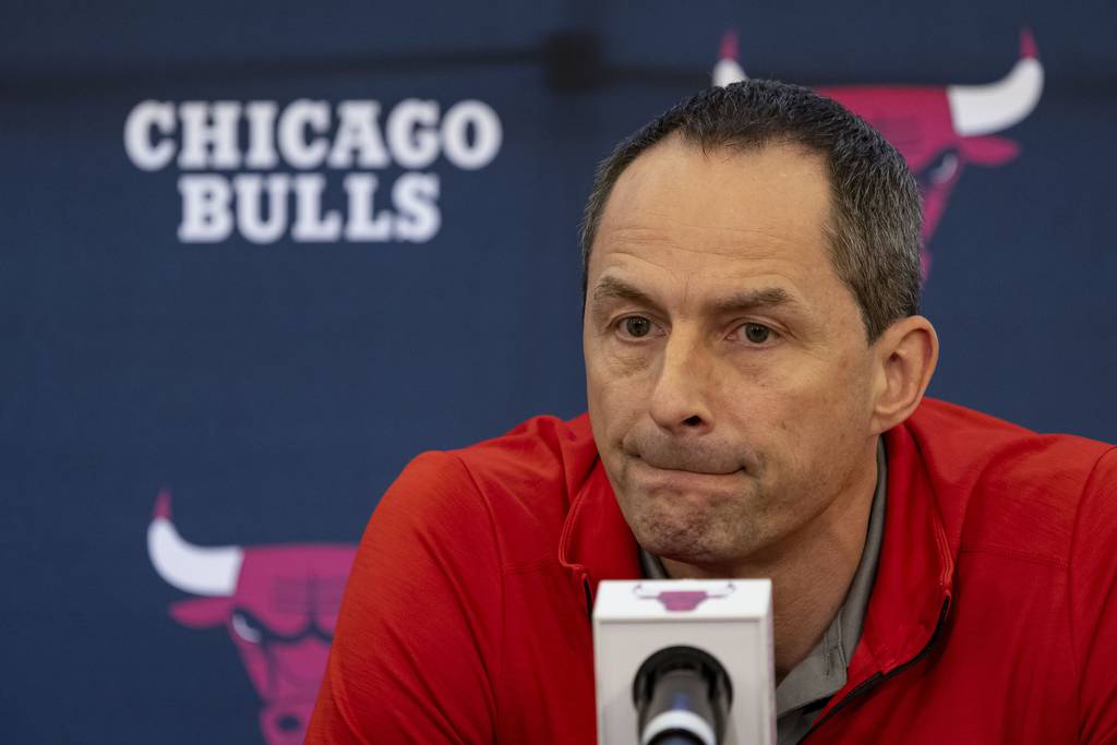 Artūras Karnišovas, executive vice president of basketball operations, speaks as the Bulls introduce first-round draft pick Dalen Terry on June 27, 2022, at the Advocate Center. 