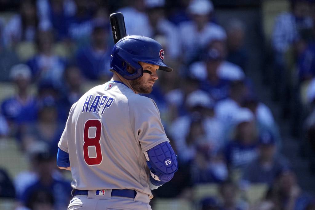 The Cubs' Ian Happ bats during the ninth inning against the Dodgers on Sunday, April 16, 2023, in Los Angeles.