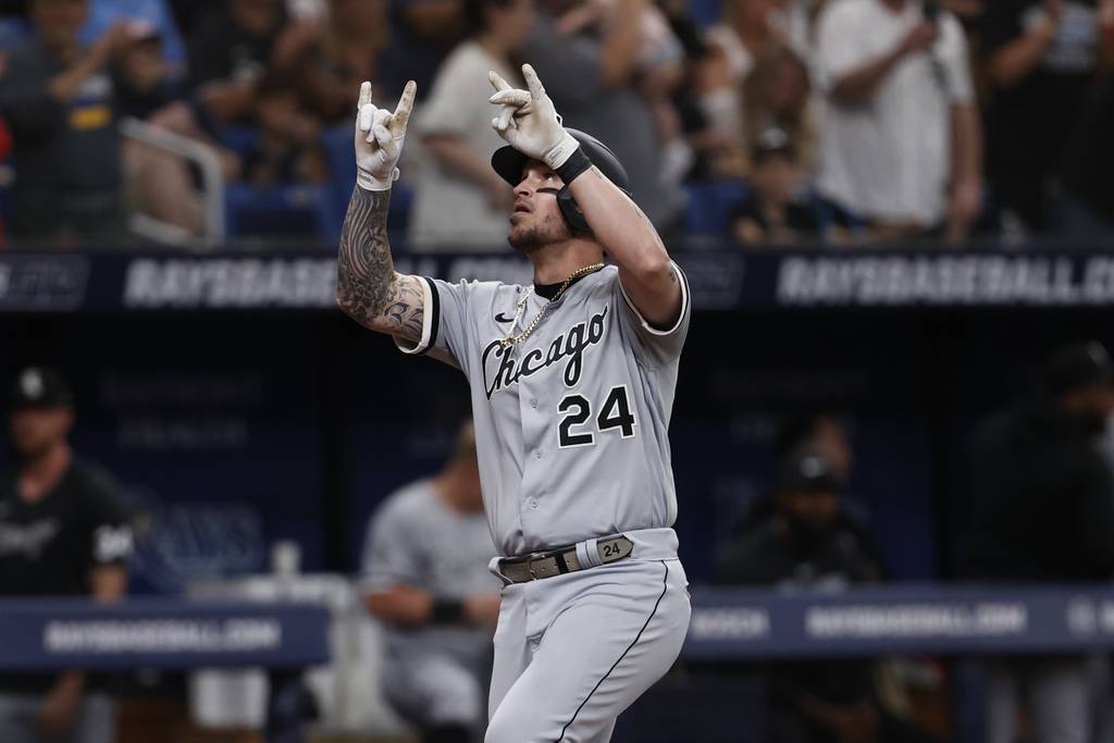 White Sox designated hitter Yasmani Grandal celebrates after hitting home run against the Rays during the fifth inning Saturday in St. Petersburg, Fla. 