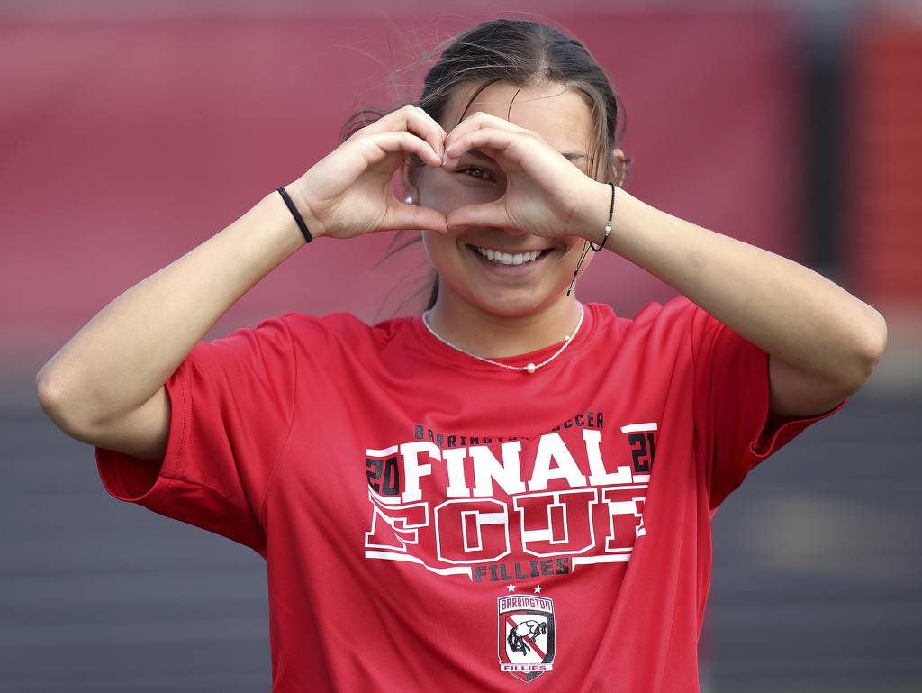 Barrington’s Ellie Sanchez, shown before a practice on campus on Friday, April 14, 2023, has played with teammate Brooke Brown since they were 9 years old. 