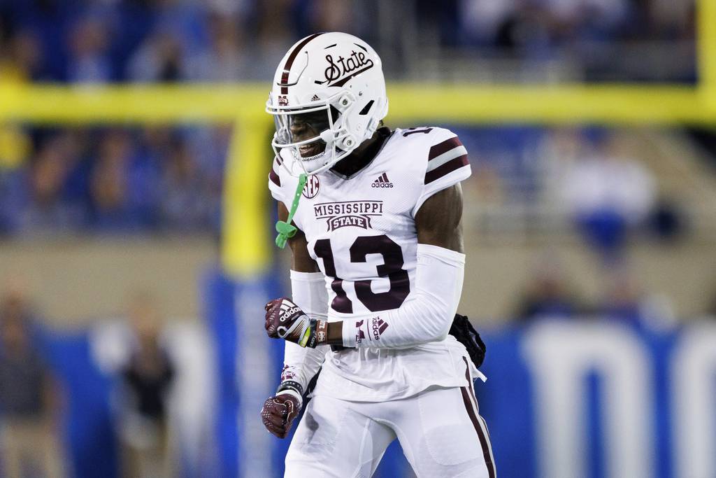Mississippi State cornerback Emmanuel Forbes celebrates after a fumble by Kentucky during the first half of a game in Lexington, Ky., on Oct. 15, 2022.