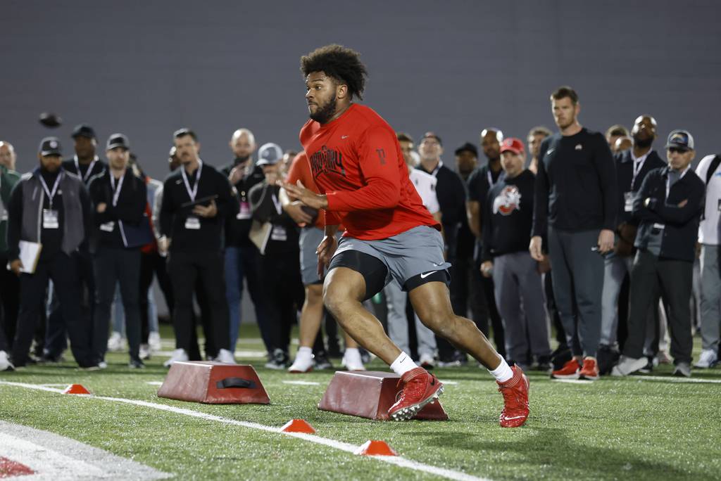 Offensive tackle Paris Johnson Jr. runs a drill at Ohio State's pro day in Columbus, Ohio, on March 22, 2023.