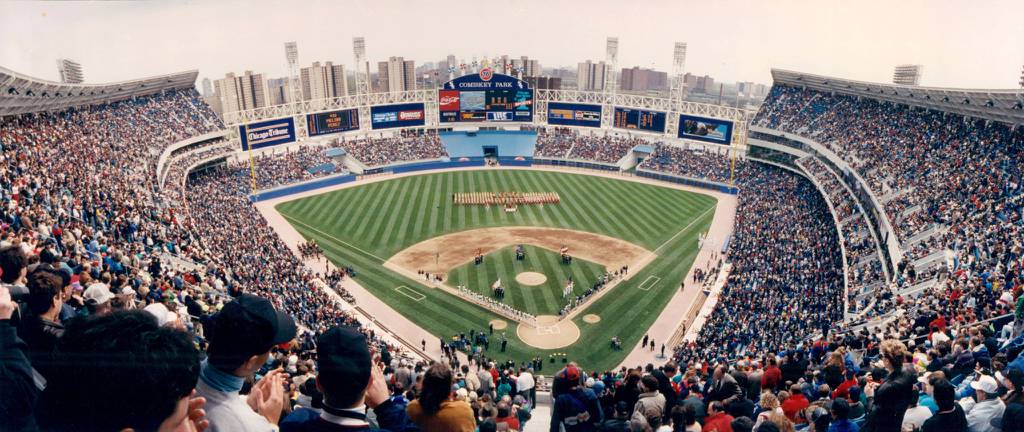 White Sox fans cheer during player introductions on opening day of new Comiskey Park on April 18, 1991. 