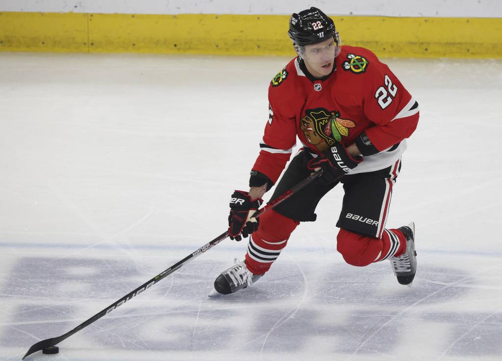 Blackhawks defenseman Nikita Zaitsev skates in the first period against the Flyers on April 13 at the United Center. 