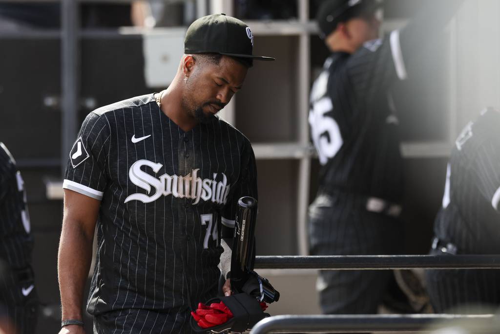 White Sox designated hitter Eloy Jimenez walks down the dugout stairs after a 5-2 loss to the Phillies on Wednesday at Guaranteed Rate Field.